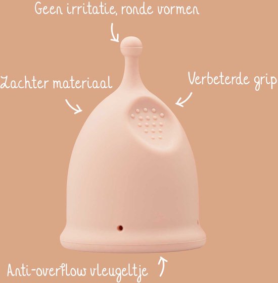 Coupe menstruelle rose pâle avec bord anti-débordement, grip amélioré et matériau souple.