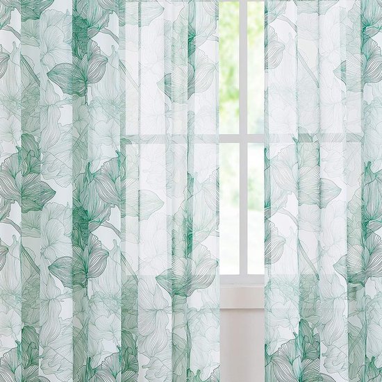 Rideaux transparents, verts, blancs, imprimé lotus, rideaux avec anneaux, voilages en mousseline douce à motif floral, rideaux de fenêtre pour salon, chambre à coucher, 2 pièces (vert, 140 x 180 cm)