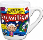 Mok - Snoep - Voor een fantastische vrijwilliger - Cartoon - In cadeauverpakking met gekleurd krullint