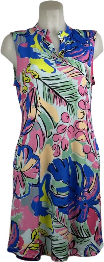 Angelle Milan – Travelkleding voor dames – Mouwloze Blauw/Roze Jurk – Ademend – Kreukherstellend – Duurzame jurk - In 5 maten - Maat XL