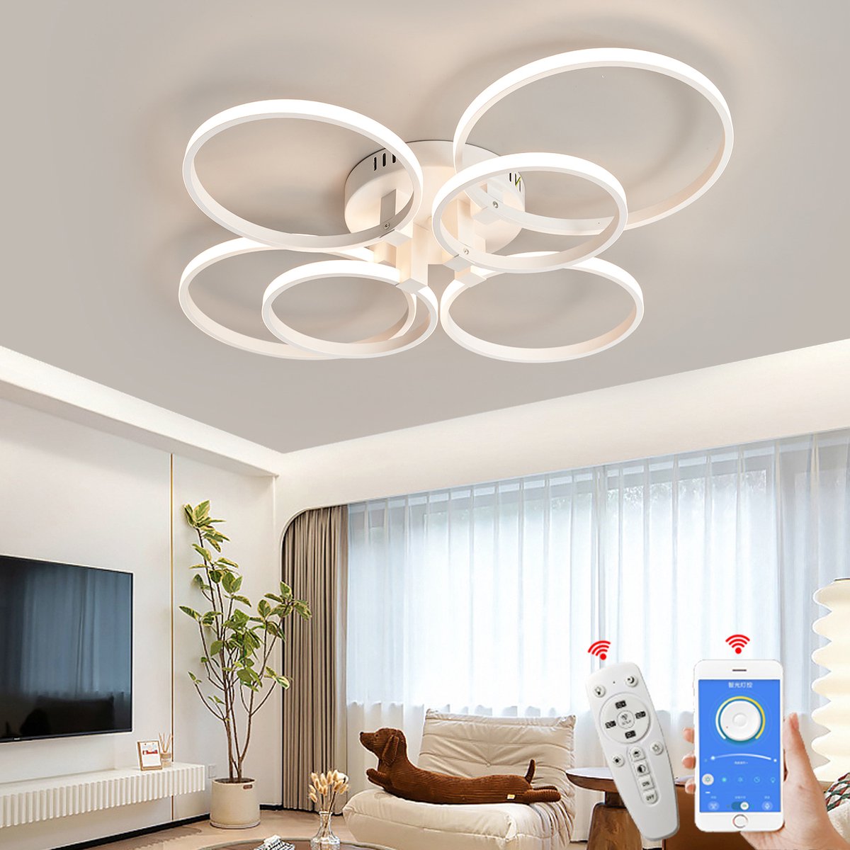 Plafonnier LED Moderne 6 Anneaux Dimmable - Télécommande & APP, Mémoire, 3000K-6500K, 113cm