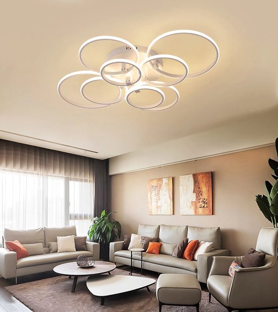 8 Ringen Plafondlamp | Met Afstandsbediening | Wit | Dimbaar Met App | Smart lamp | Woonkamerlamp | Moderne lamp | LED Plafoniere | 80 cm
