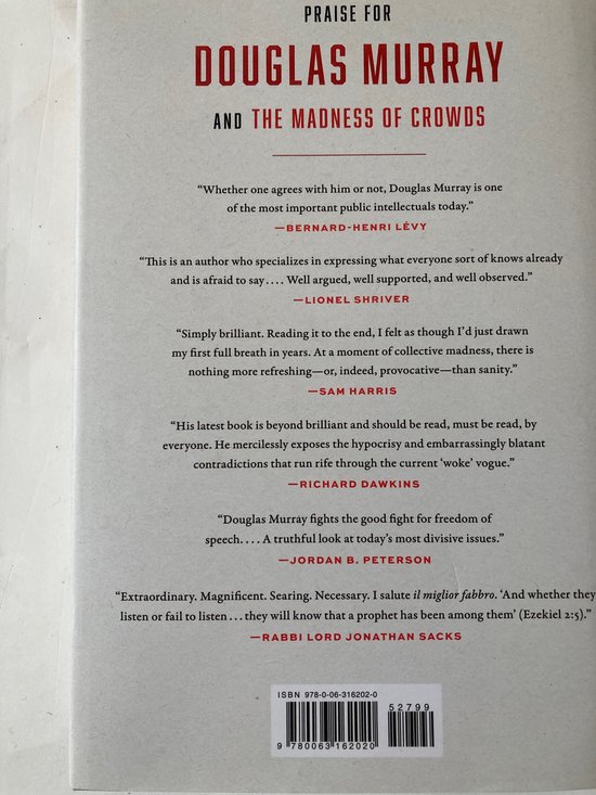 Boekomslag met tekst over "The Madness of Crowds" door Douglas Murray, met citaten van Lionel Shriver, Sam Harris en Richard Dawkins.