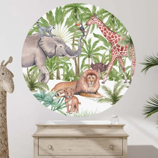Behangcirkel | Muurstickers kinderkamer | Muurcirkel | Safari | Jungle | Leeuw | Olifant | Wanddecoratie | Wandstickers | 75 cm