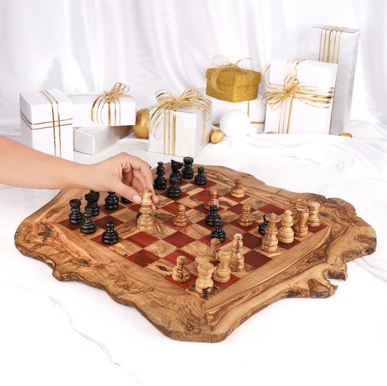 HappyWoods - Handgemaakte Olijfhouten Schaakspel Met Lade - 35 Cm Olijfhouten Schaakbord Met Schaak Stukken Schaakset Schaakspellen Schaakspel Hout Volwassenen Schaakborden K