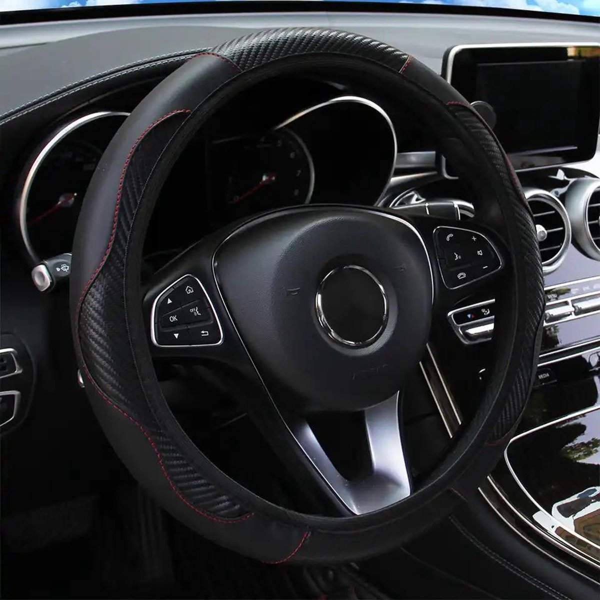COCHO® Auto Stuurhoes - Steering Covers Geschikt 37-38Cm Auto Decoratie Koolstofvezel - Carbon Fiber ,PU Leer – foto 4