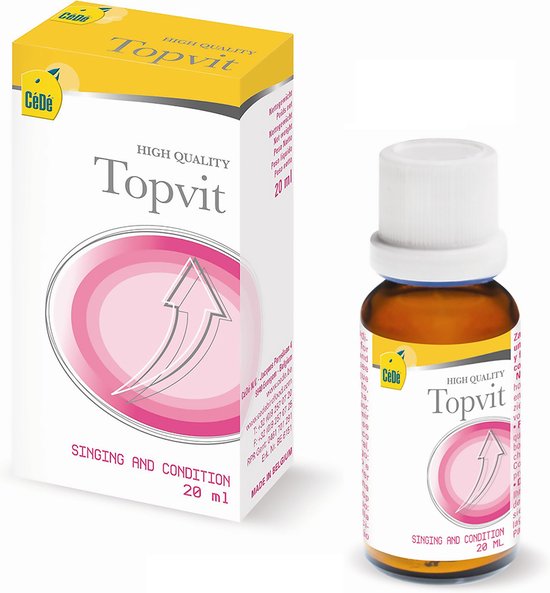 Doos en flesje Cédé Topvit, 20 ml. Met de tekst 'HIGH QUALITY' en 'SINGING AND CONDITION'.