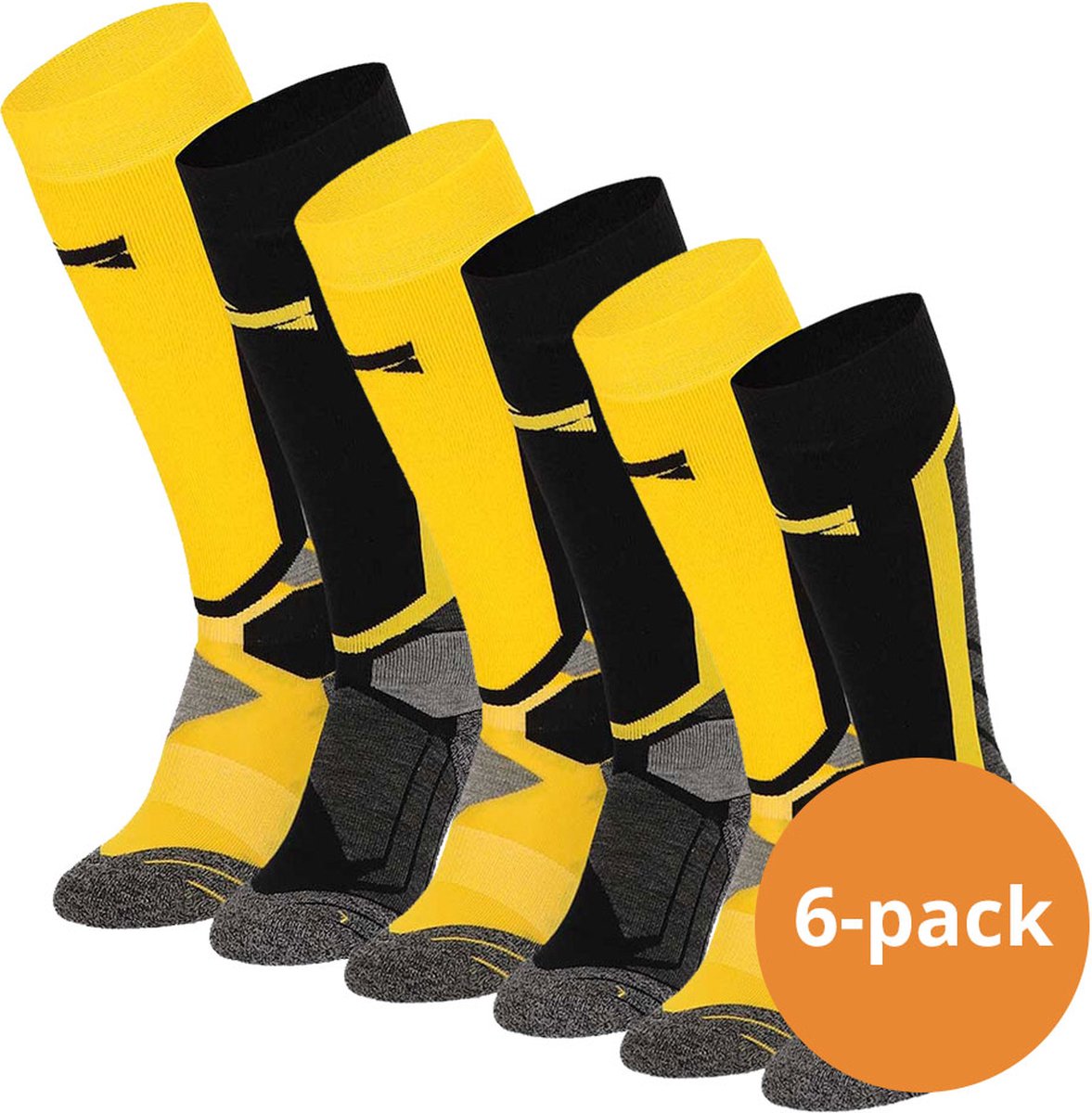 Xtreme Snowboard Sokken - Multi Yellow - Maat 42/45 6 paar Snowboardsokken - Verstevigde Hiel, Kuit en Scheenbeen - Extra Ventilerend - Naadloze teen