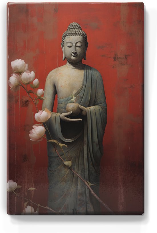 Boeddha met bloemen - Mini Laqueprint - 9,6 x 14,7 cm - Niet van echt te onderscheiden handgelakt schilderijtje op hout - Mooier dan een print op canvas. - LPS522