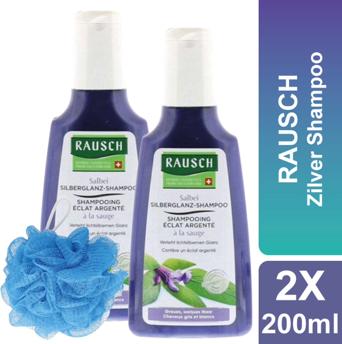RAUSCH - Shampoo - Zilver Shampoo - Inclusief Douche Puff - 2 x 200 ml - voor Blond en Grijs Haar - Zilver Glans Shampoo - met Salie - Voordeelverpakking