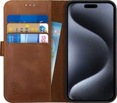 Rosso Deluxe Echt Leer Book Case Hoesje Geschikt voor Apple iPhone 15 Pro | Ruimte voor drie pasjes | Portemonnee Book Case | Met Pasjeshouder | Bruin