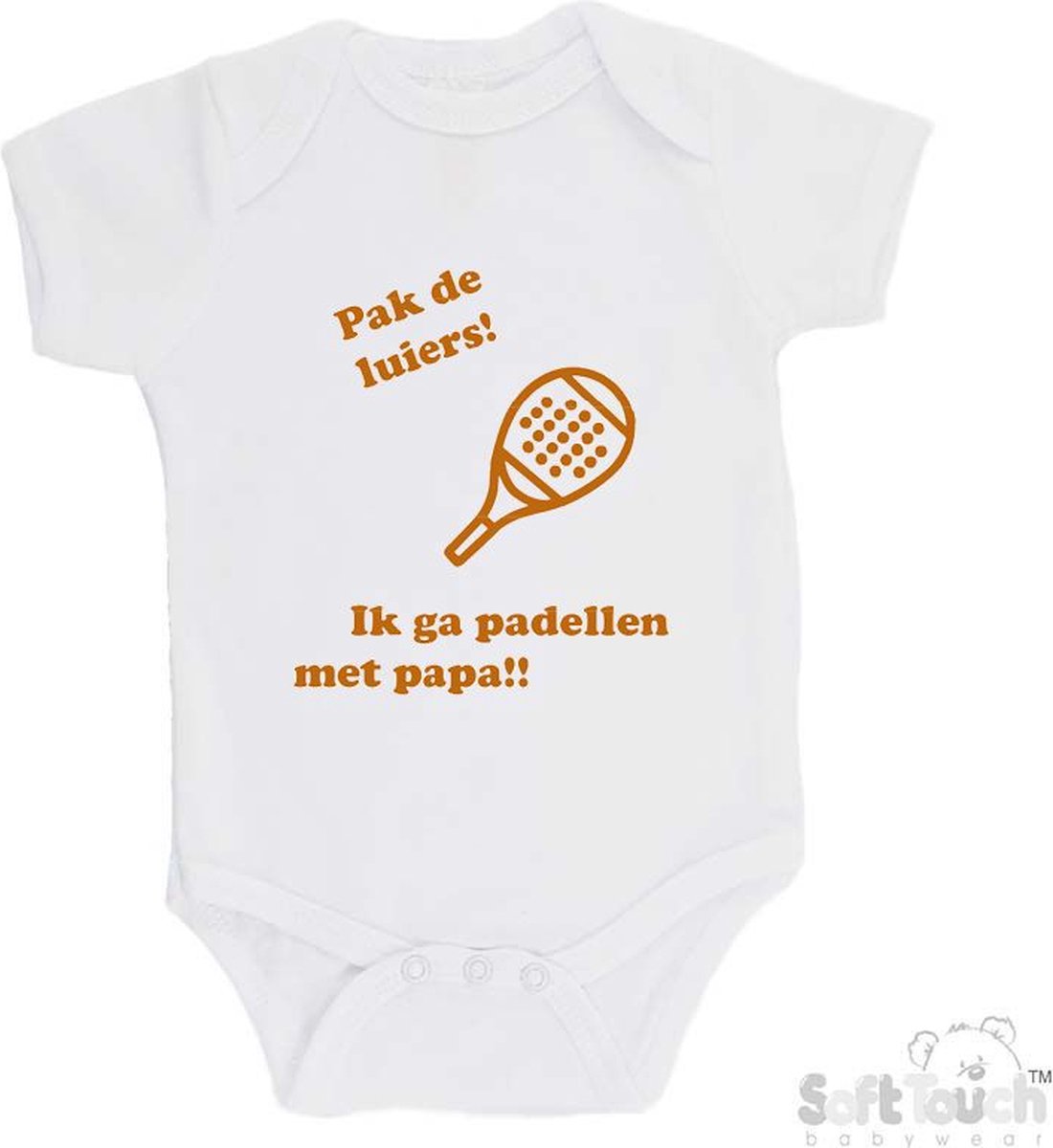 100% katoenen Romper "Pak de luiers! Ik ga padellen met papa!!" Padel Unisex Katoen Wit/tan Maat 62/68