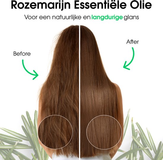 Voor-en-na foto van haar dat dikker en glanzender is geworden na gebruik van rozemarijnolie.
