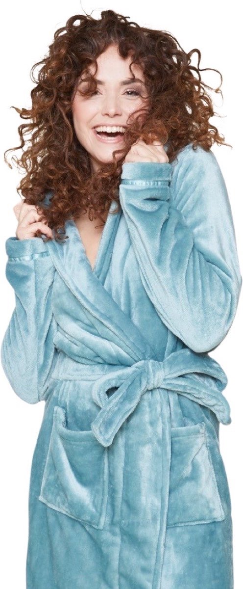 Charlie Choe badjas dames - 100 % zacht fleece - lang model - dames badjas met capuchon - trendy ochtendjas - lichtblauw - maat XL