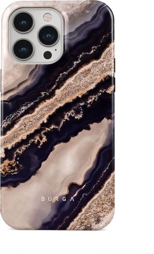 iPhone 15 hoesje met marmerpatroon in paars, goud en beige.
