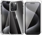 Hoesje geschikt voor iPhone 15 Pro - Screen Protector GlassGuard - Back Cover Case ShockGuard Transparant & Screenprotector