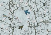 Fotobehang - Vogels - Bloemen - Bomen - Blauw - Kinderkamer - (416 x 290 cm)