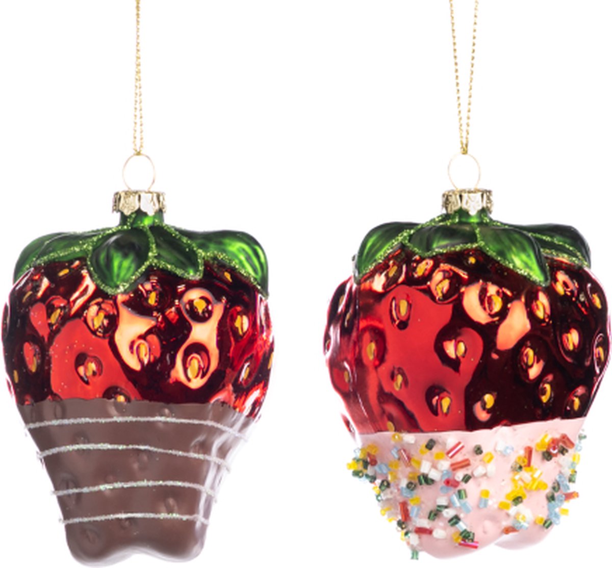 CHOCOLADE-DIP-GESPIKKELDE-AARDBEI-GLAS-SET VAN 2-4CM-VOORDEELAANBOD-KERST-KERSTHANGER-ORNAMENT