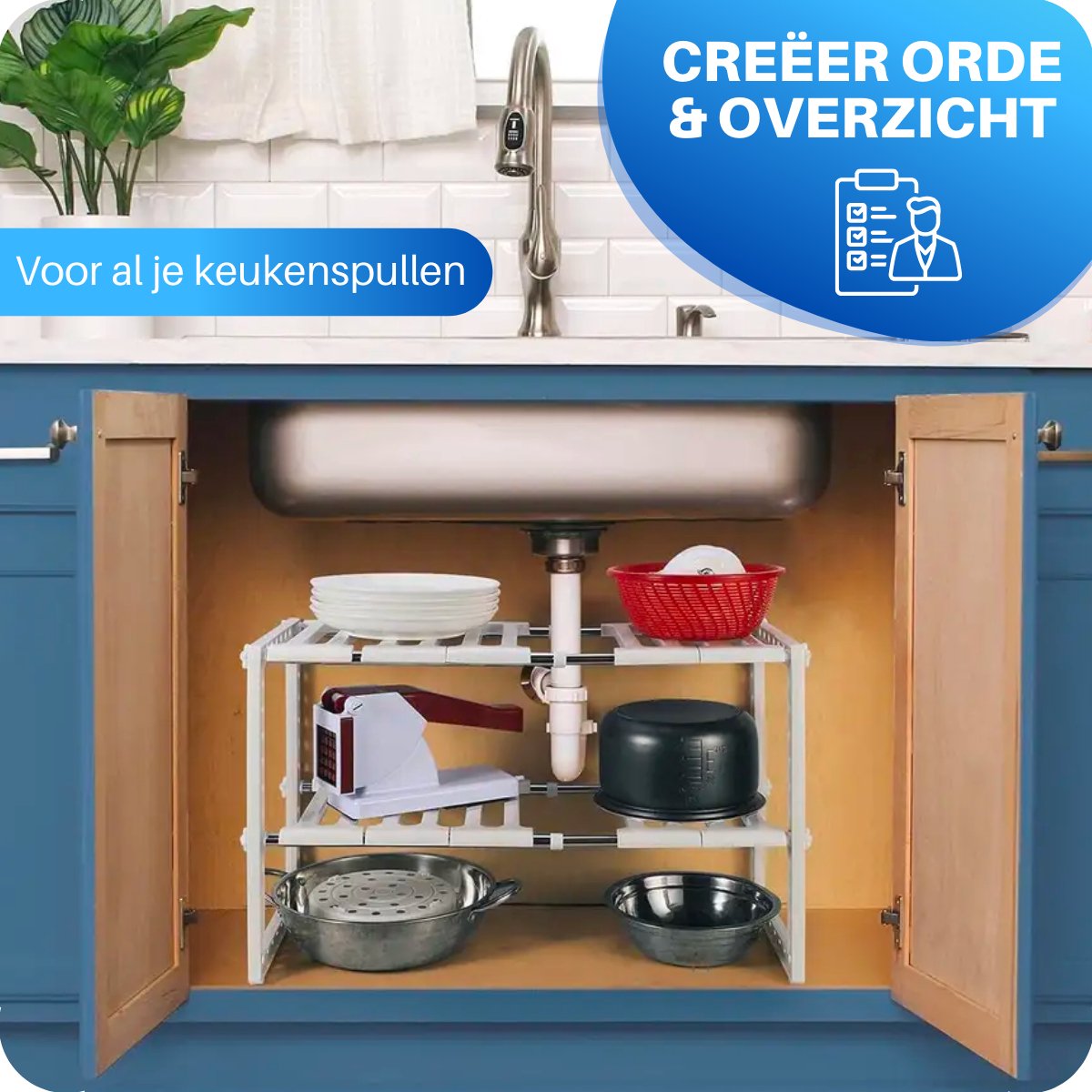 JT Products Gootsteenkast Organizer – Gootsteenrek – Uitrekbaar 53 Tot 75 cm Breed – Inclusief Nederlandse Handleiding - Keuken Kast Organizers – Opbergrek – Ladekast – Keukenkastorganizers - Aanrecht – Gootsteenkastrek – Keukenkast Rek – Pannenrek — cadeau in Cadeau-ideeën - foto 4