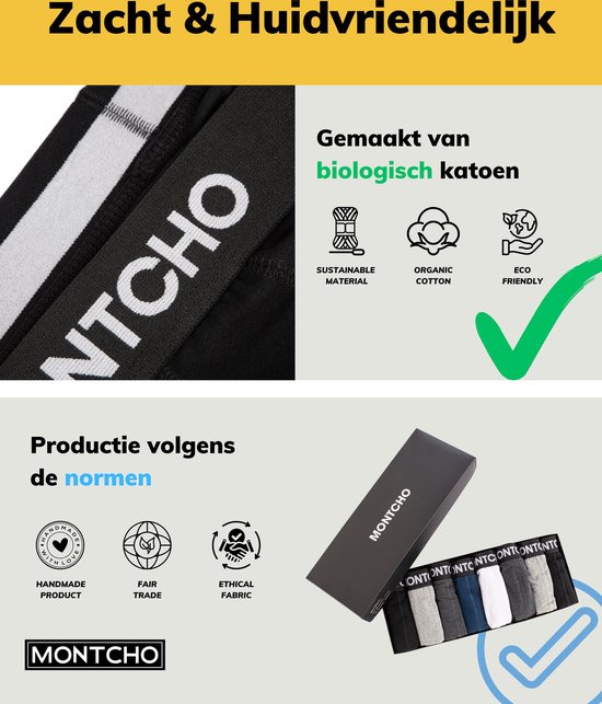 Montcho boxershorts van biologisch katoen. Een doos met verschillende kleuren.