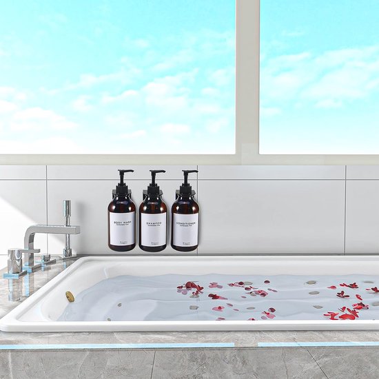 Roselee Zeepdispenser, wandbevestigingsset, zeepdispenser, douche, zonder boren, 500 ml, zeepdispenser, wandmontage, transparante shampoodispenser met trechter en waterdichte etiketten voor keuken en