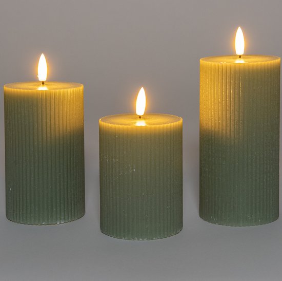 Bougies piliers LED Anna Collection - 3x - vert jade - nervurées - 7,5 cm