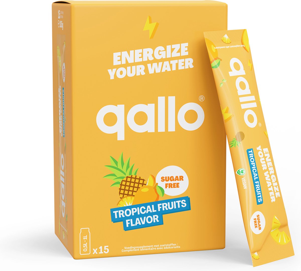Qallo Energy Drink Poeder Tropical Fruits - 15 zakjes - Vegan Suikervrije Energizer - Met Vitamine B - Inhoud 15 x 7gr