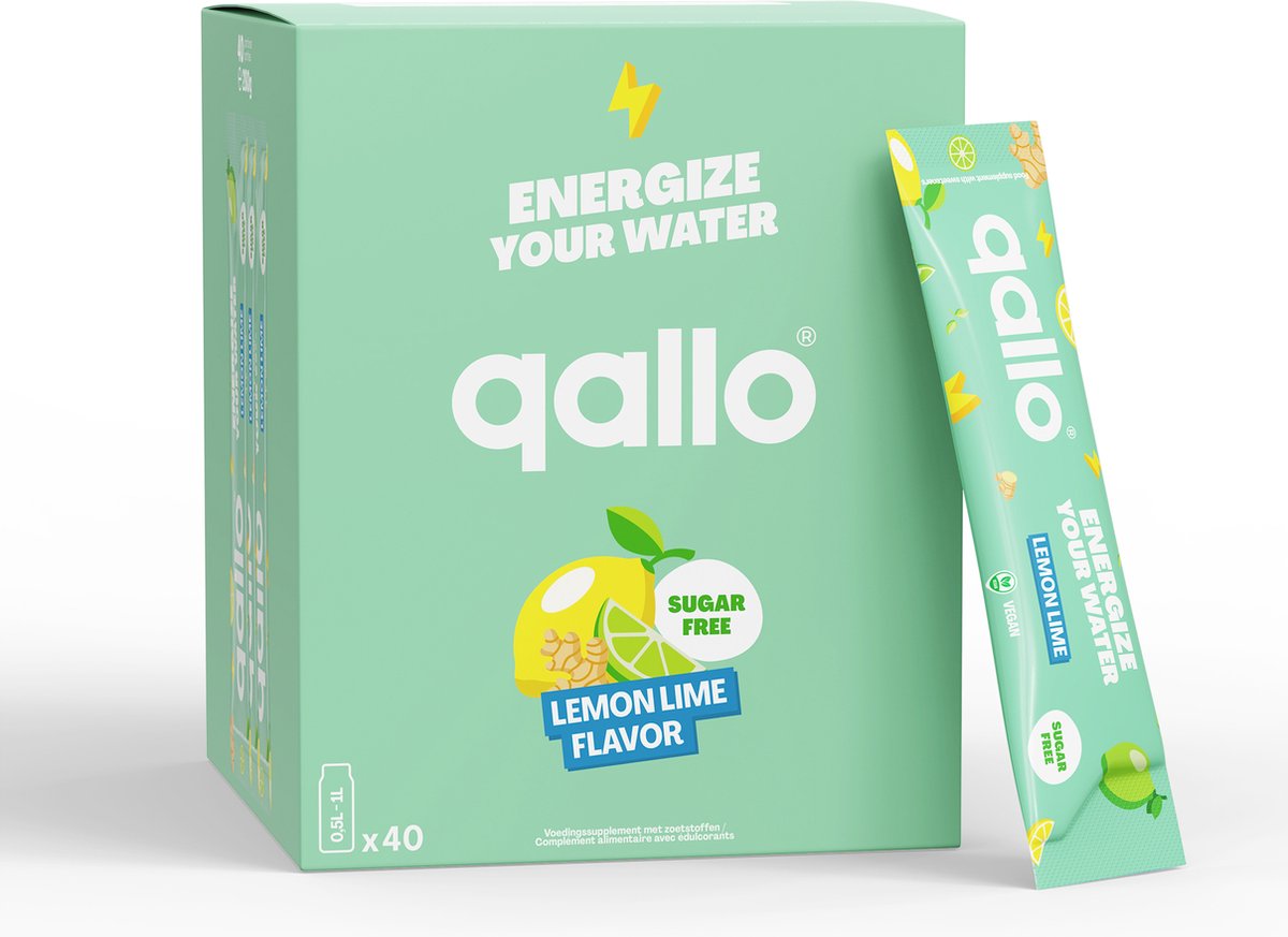 Qallo Energy Drink Poeder Lemon Lime - 40 zakjes - Vegan Suikervrije Energizer - Met Vitamine B - Inhoud 40 x 7gr