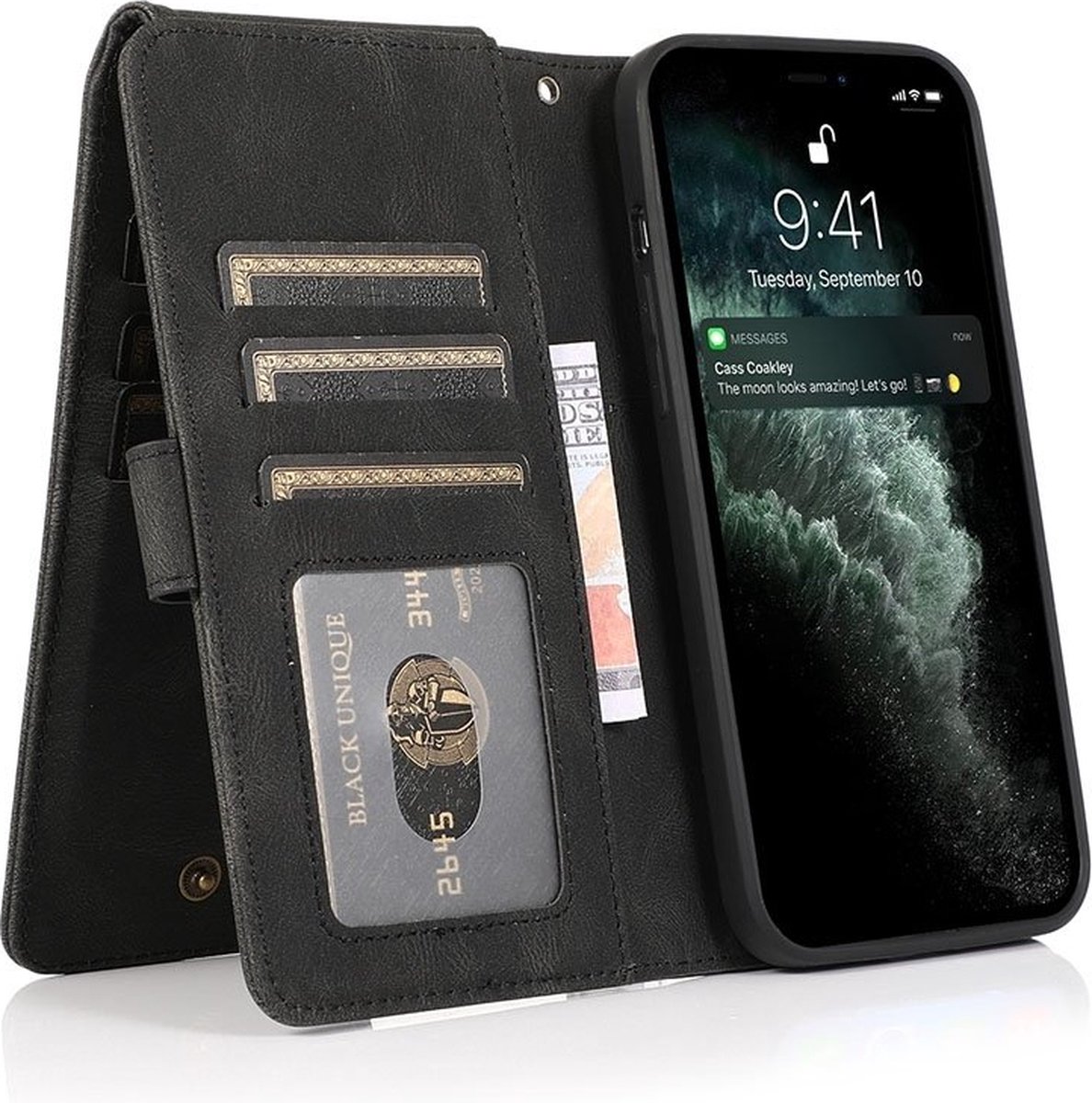 Zacht Leren geschikt voor iPhone 15 Pro Max Wallet Hoesje - zwart