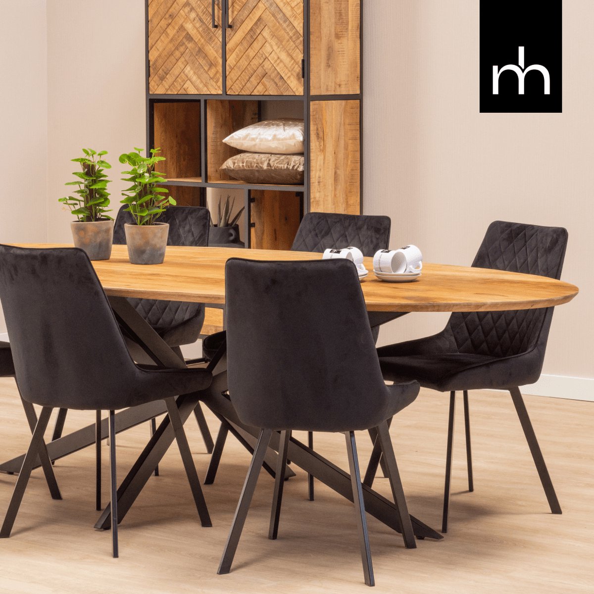 Mangohouten Eettafel Bologna Ovaal 260x120 cm Mahom Industrieel - Dinertafel van Mangohout & Metaal - Industriële Eettafel