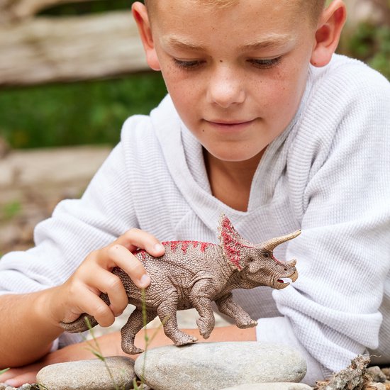 Jongen met witte hoodie houdt bruine dinosaurus met rode accenten vast op steen.