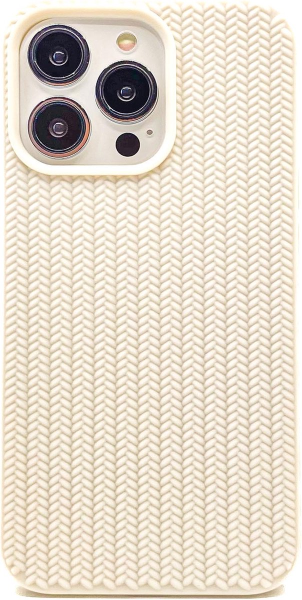REBUS hoesje voor iPhone 14 Pro, (Knitted) [Siliconen], Randbeschermende, slanke harde hoes met een charmant gebreid ontwerp. (White)