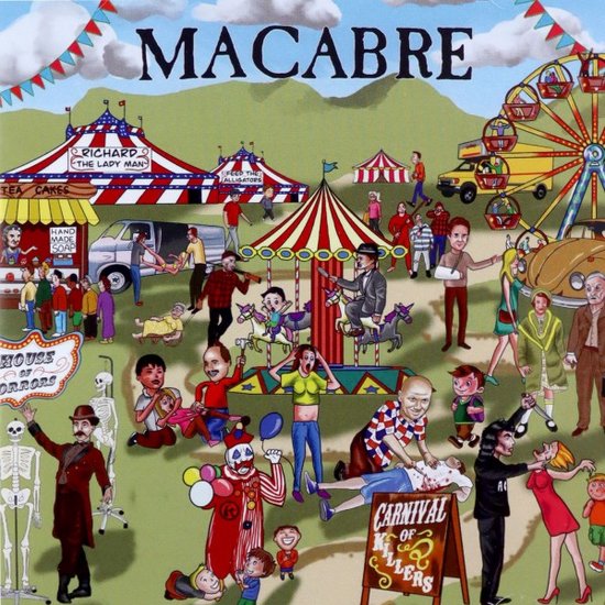 Illustratie van een macaber kermis. Personages, tenten, attracties en een monsterlijke auto.