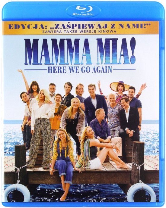 Mamma Mia! Here We Go Again Blu-ray cover met cast, sommigen op een pier.
