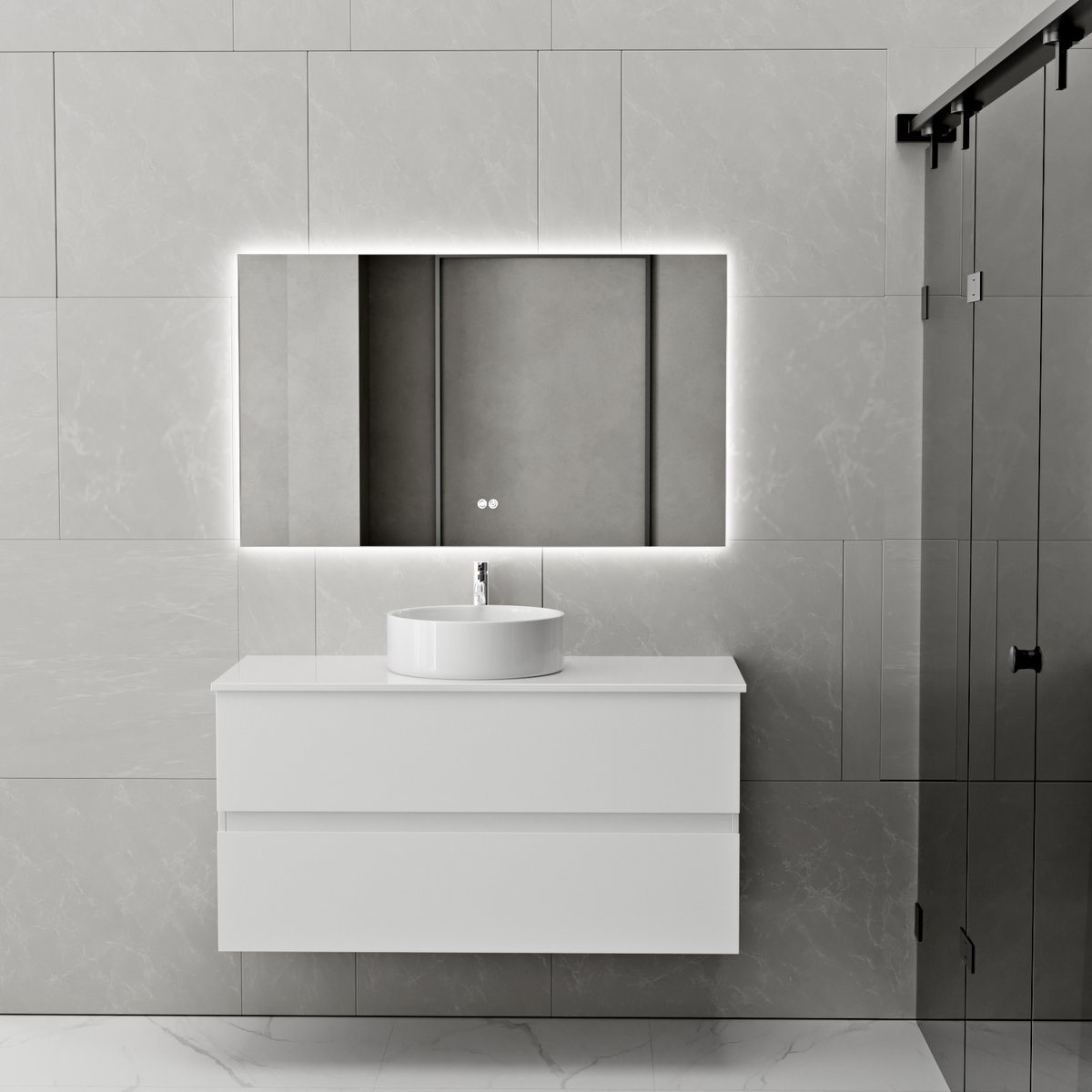 Vestland - 100 CM Witte Badkamermeubel met Waskom en 100 x 60 CM Rechthoekige LED Badkamerspiegel - Complete Badkamermeubelset