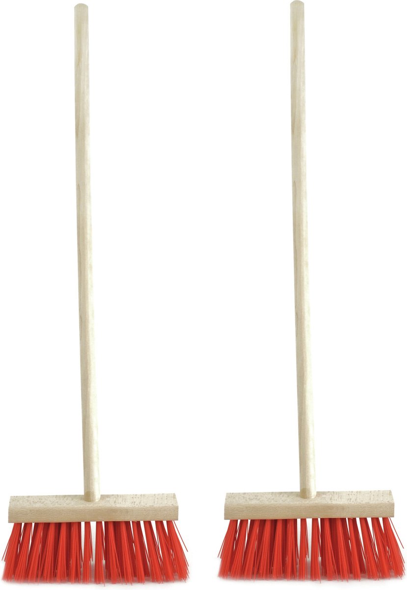 Goedkoopste Sorex Kinderbezem voor buiten tegels - Set van 2x stuks - rood/hout - met steel 78 cm - Tuingereedschap