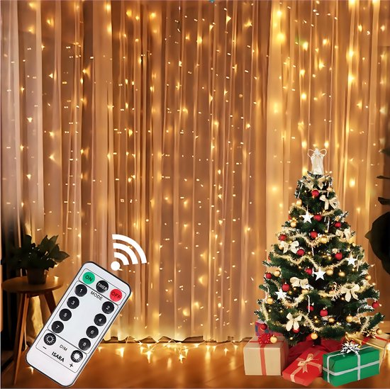ISARA 3x3 Meter Kerst Lichtgordijn 2024 - 300 LED's met Afstandsbediening - Warm Witte Sfeerverlichting - USB-aangedreven - Voor Binnen - Complete Handleiding - Perfect voor Kerstdecoratie