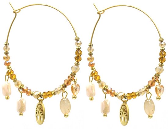 Boucles d'oreilles avec perles de verre - Boucles d'oreilles pendantes - Acier inoxydable - 4x5,5 cm - Marron clair