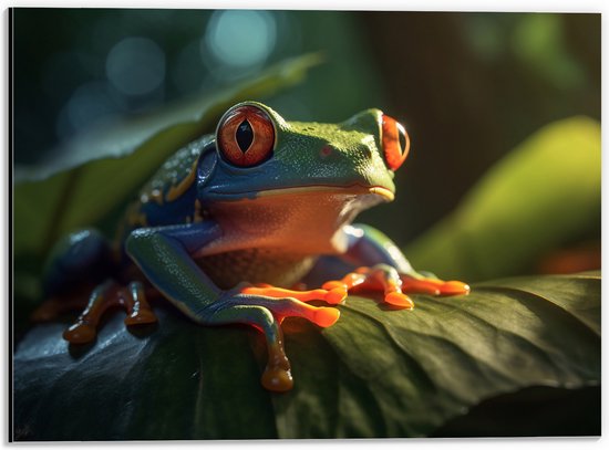 Dibond - Close-up van Groene Boomikker met Rode Ogen op Blad - 40x30 cm Foto op Aluminium (Met Ophangsysteem)