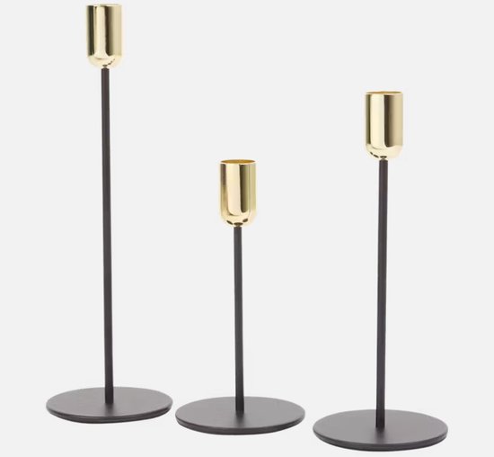 Metalen kandelaar - Set 3-delig - Zwart/ Goud - Verschillende hoogtes - Dinerkaars
