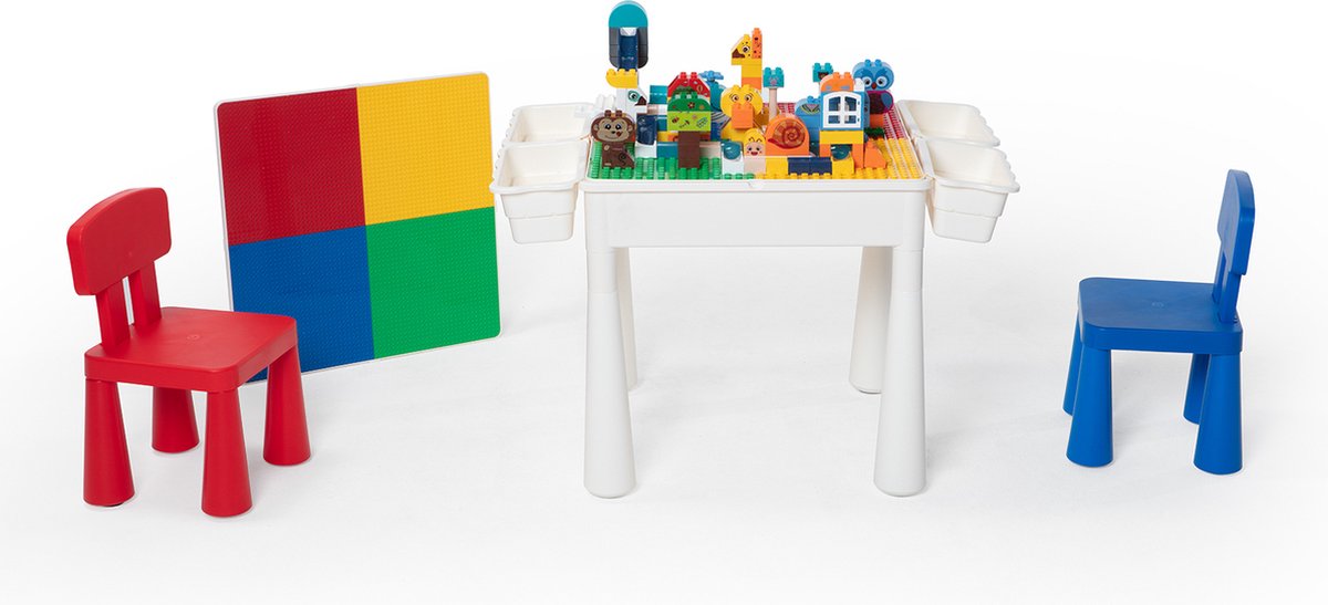 【All-in-One】Bouwtafelset inc. 100 bouwblokken voor LEGO & DUPLO - Multifunctioneel Kinderbouwtafel met 2 stoelen + 4 Opbergbakken - Constructietafel, Kinderwerktafel, Speeltafel, Zandbak, Watertafel - Kindertafel en stoelen - Klassieke Mondriaan