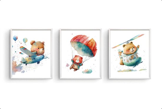 Poster Set 3 Aquarel Baby Beer in Helicopter Vliegtuig Parachute - Waterverf - Dierenposter - Babykamer / Kinderposter - Muurdecoratie - 40x30cm - PosterCity