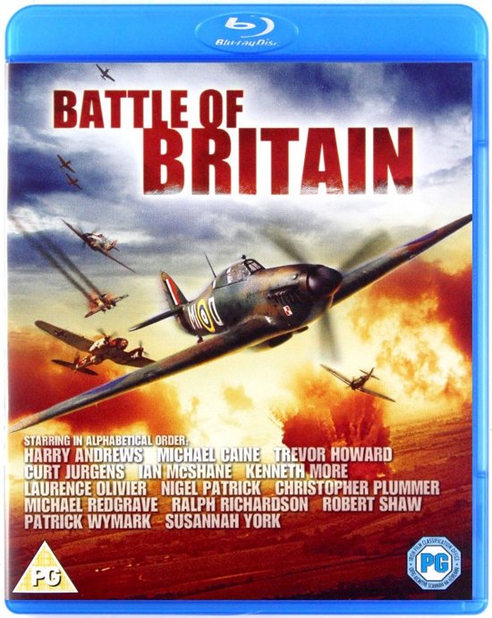 Blu-ray hoes met de titel 'Battle of Britain', met gevechtsvliegtuigen die boven vuur vliegen.