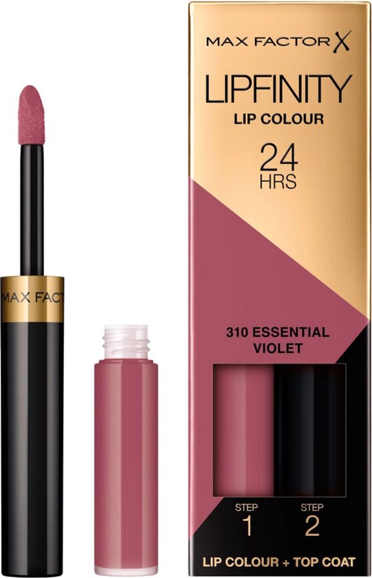 Max Factor Lipfinity Lip Colour 'Essential Violet 310' met aparte lipgloss en topcoat tubes.