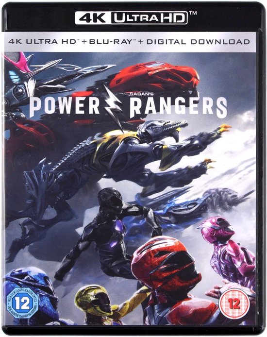 Power Rangers 4K Ultra HD Blu-ray cover met de Power Rangers in actie, omringd door hun Zords.