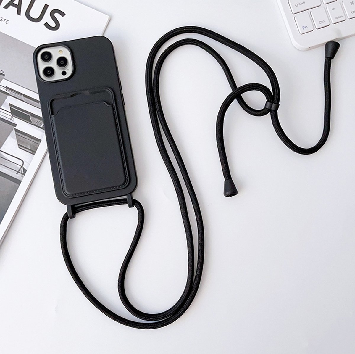 Mobigear Telefoonhoesje geschikt voor Apple iPhone 15 Pro Siliconen met Kaarthouder | Mobigear Lanyard Card Hoesje met koord en Pasjeshouder | Kaarthouder voor 1 Pasje | hoesje met koord Telefoonhoesje voor Pinpas / OV Kaart / Rijbewijs - Zwart