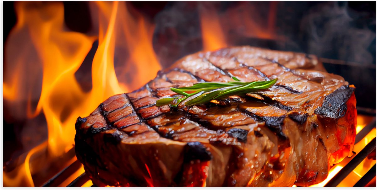 Poster (Mat) - Brandende Steak op Barbecue - 100x50 cm Foto op Posterpapier met een Matte 