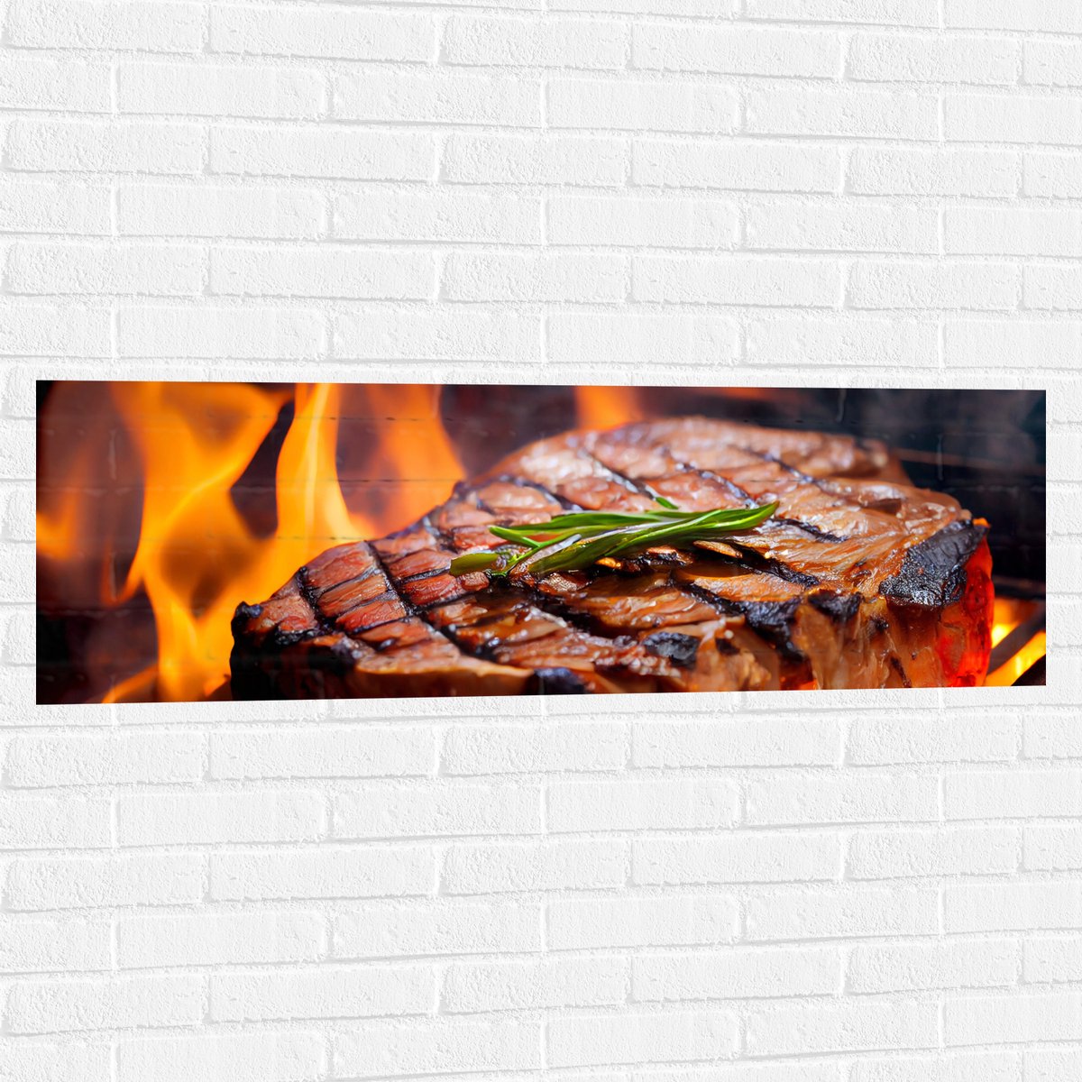 Muursticker - Brandende Steak op Barbecue - 120x40 cm Foto op Muursticker