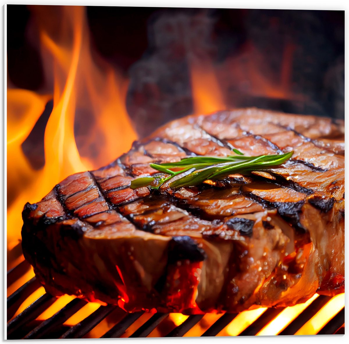 PVC Schuimplaat- Brandende Steak op Barbecue - 50x50 cm Foto op PVC Schuimplaat