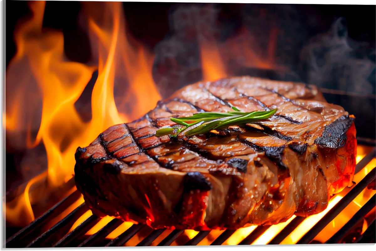 Acrylglas - Brandende Steak op Barbecue - 60x40 cm Foto op Acrylglas (Wanddecoratie op Acrylaat)
